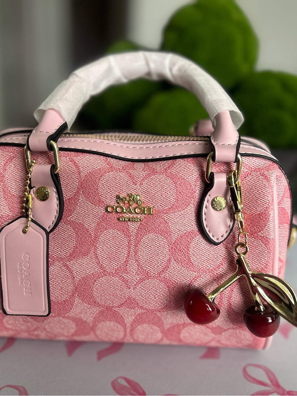 Coach Pink Signature Mini Satchel with Cherry Charm